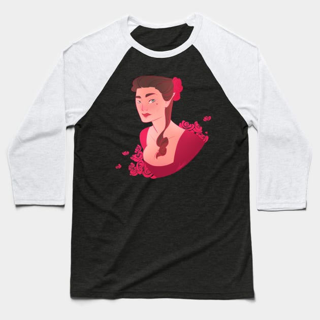 Rose red Baseball T-Shirt by LucyDoesArt